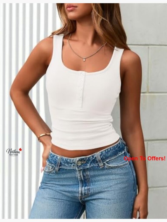 Ribbed Knit Slim Fit Henley Tank Top, 95% Rayon 5% Elastane - Picture 3 of 7